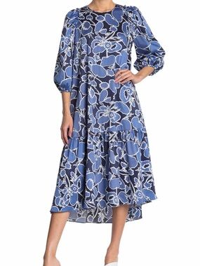 Melloday Blue White Floral Cotton‎ Maxi Dress Small Puff Sleeve Cottagecore